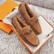 HERMÈS爱马仕 2018日本专柜在售女士羊皮毛乐福鞋 棕色