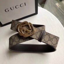 原单古驰(Gucci)精钢金菱形花纹金属扣专柜PVC面料头层牛皮腰带3.8