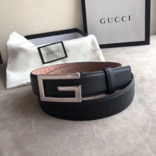 原单Gucci古驰新款3.5cm男女同款全皮黑色金扣/银扣GG腰带