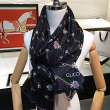 高仿GUCCI围巾古驰GG银线织带与花朵100%顶级纯羊绒围巾