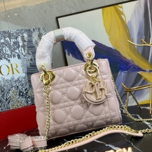 Dior/迪奥原版皮高品质珐琅三格羊皮专柜新Logo戴妃包粉色
