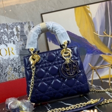 Dior/迪奥原版皮高品质珐琅三格羊皮专柜新Logo戴妃包蓝色