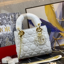 Dior/迪奥原版皮高品质珐琅三格羊皮专柜新Logo戴妃包白色
