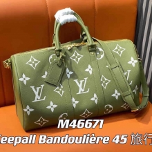 原单lv全皮压花丝印旅行袋系列Keepall Bandoulière 45旅行袋 M46671草绿色
