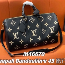 原单精品lv全皮压花丝印旅行袋系列Keepall Bandoulière 45旅行袋 M46670黑色