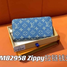 原单lv钱包单拉链钱包系列Zippy拉链钱夹 M82958蓝色牛仔钱包